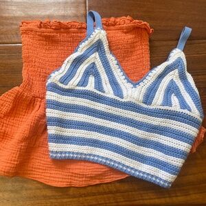 Hollister Blue and white striped chrochet cropped tank top